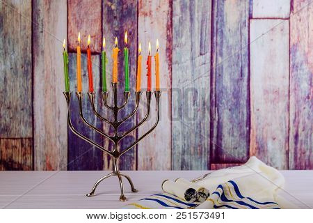 Abstract Retro Of Jewish Holiday Hanukkah With Menorah Traditional Defocused Lights With Glitter Ove