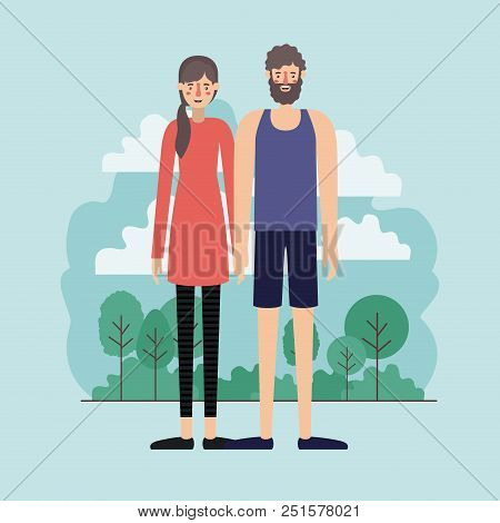 Young Couple Outside Scene Avatars Characters Vector Illustration Design
