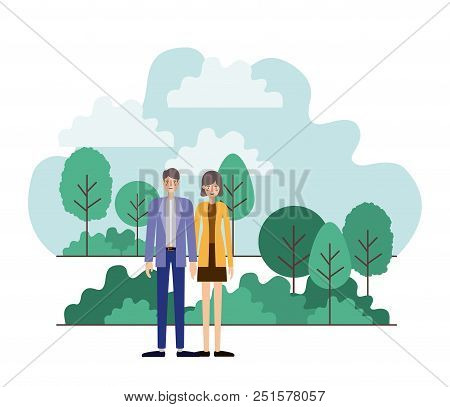 Young Couple Outside Scene Avatars Characters Vector Illustration Design