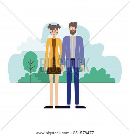 Young Couple Outside Scene Avatars Characters Vector Illustration Design