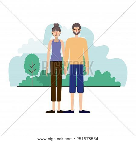 Young Couple Outside Scene Avatars Characters Vector Illustration Design