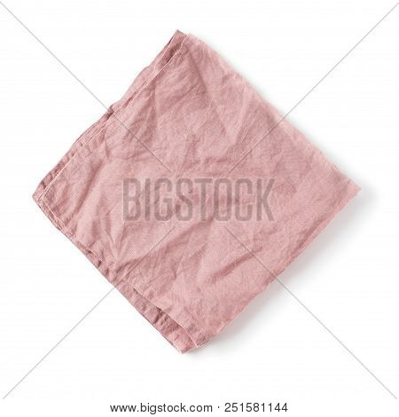 Folded Old Rose Color Linen Napkin Isolated On White Background. Obscure Pink Linen Napkin. Isolated