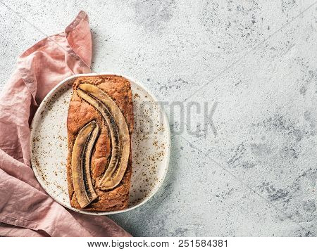 Butter-free, Sugar-free Banana Bread With Oat Flour, Soft Curd Cheese And Honey.top View Of Full Ban