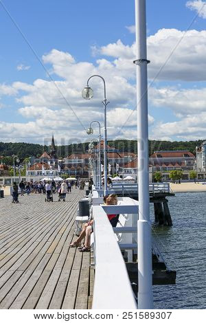 Sopot, Poland - June 6, 2018: Wooden Sopot Pier In Sunny Day. It Is The Longest Wooden Pier In Europ