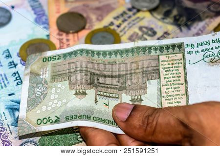 Selective Focus. Profit From Business. Texture And Background New 500 Indian Rupee Currency Ready Fo