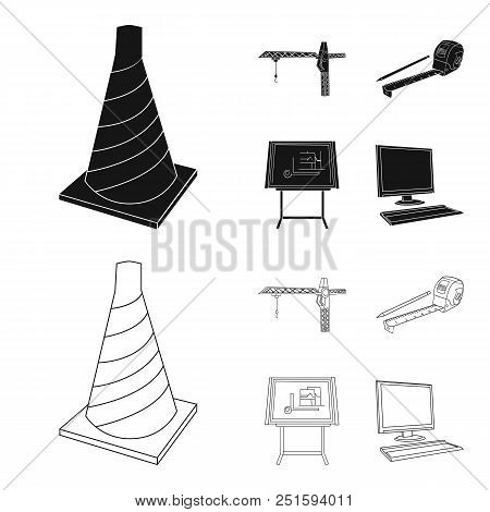 Construction Crane, Measuring Tape Measure, Drawing Board, Computer. Architecture Set Collection Ico