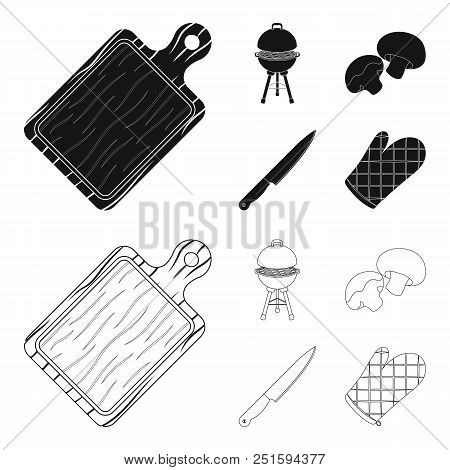 Barbeque Grill, Champignons, Knife, Barbecue Mitten.bbq Set Collection Icons In Black, Outline Style