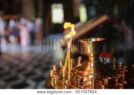 Сandle Burns, In The Christian Temple The Background Is Blurred