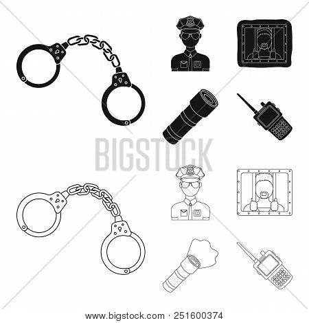 Handcuffs, Policeman, Prisoner, Flashlight.police Set Collection Icons In Black, Outline Style Vecto