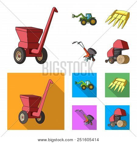 Motoblock And Other Agricultural Devices. Agricultural Machinery Set Collection Icons In Cartoon, Fl