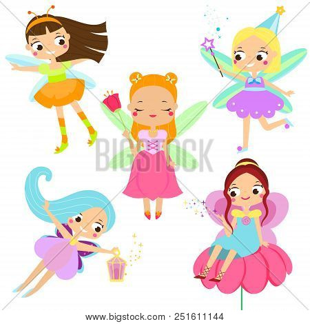 Cute Fairy Set. Beautiful Girl In Fying Fairy Costumes. Funny Winged Elf Princesses In Cartoon Style