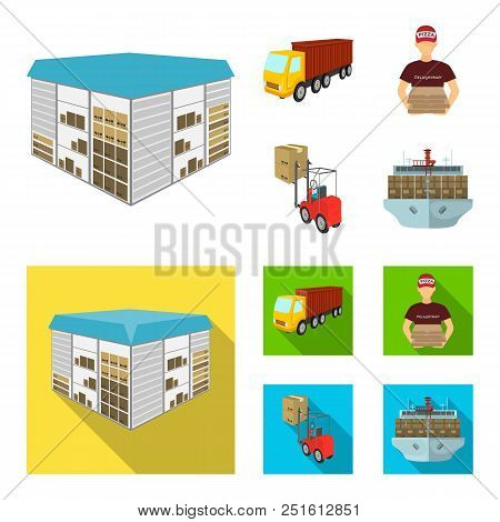Truck, Courier For Delivery Of Pizza, Forklift, Storage Room. Logistics And Delivery Set Collection 