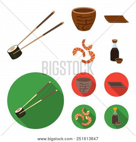 Sticks, Shrimp, Substrate, Bowl.sushi Set Collection Icons In Cartoon, Flat Style Vector Symbol Stoc