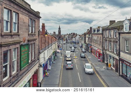 Berwick-upon-tweed, England - April 2018: High Street In Town Center Of Berwick-upon-tweed, Northern