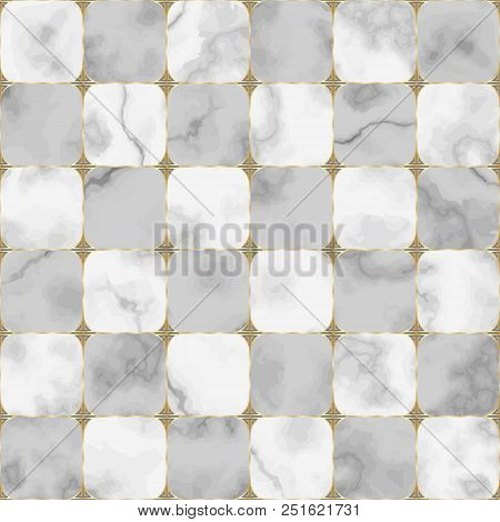 Gray And White Marble Seamless Pattern With Abstract Geometric Golden Elements. Repeat Chessboard Ba