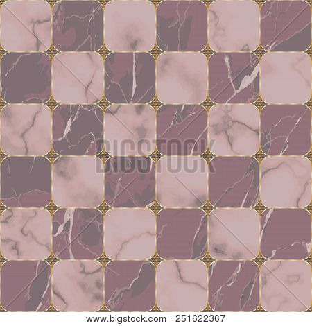 Pink Marble Seamless Pattern With Abstract Geometric Golden Elements. Repeat Chessboard Background. 