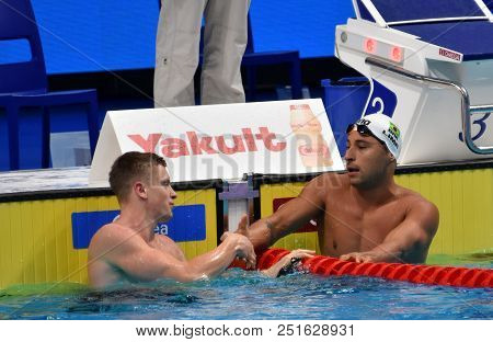 Budapest, Hungary - Jul 25, 2017. Competitive Swimmer Peaty Adam (gbr) And Lima Felipe (bra) Swimmin