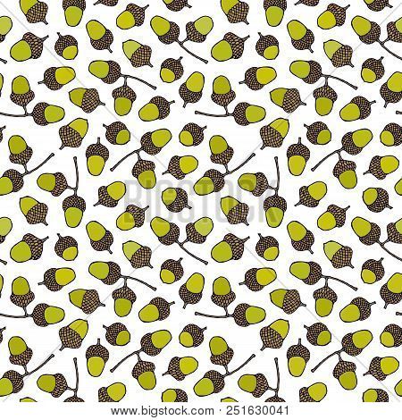 Seamless Endless Pattern Of Green Acorns. Autumn Or Fall Vegetable Harvest Collection. Realistic Han