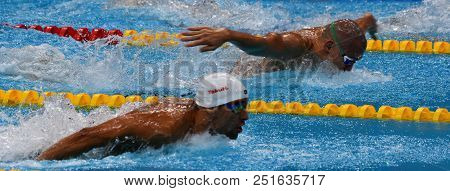 Budapest, Hungary - Jul 25, 2017. Competitive Swimmer Cseh Laszlo (hun) And Le Clos Chad (rsa) Swimm