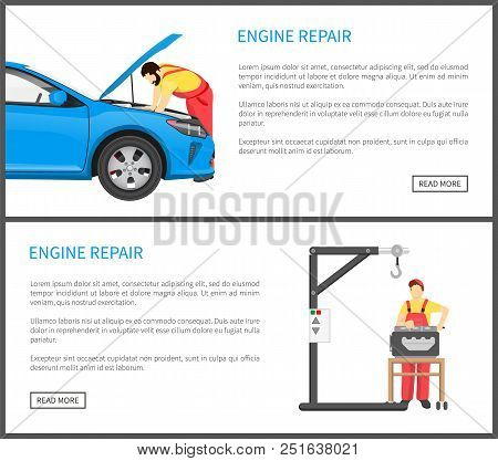 Engine Repair Web Pages Set With Auto Mechanic Bending Over Car And Fixing It, Man Wearing Uniform W