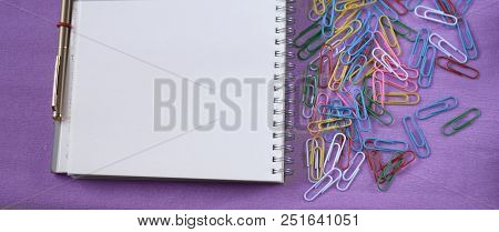 Office Supplies, Paper Clips, Notepad And Pen For Office Or School. Horizontal Banner With Cens.