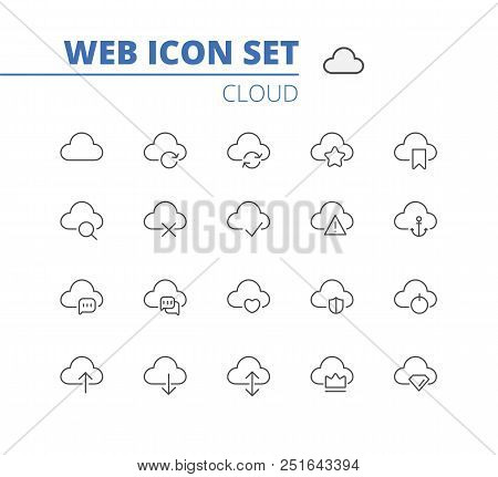 Cloud Linear Icons Web Set. Download, Upload, Settings And Preferences Symbols. Vector Isolated Outl