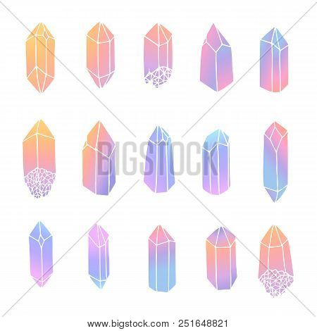 Hand Drawn Vector Crystals Set Isolated On The White Background. Gemstones In Pastel Gradient Colors