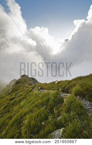 Summer Landscape With High Mountains And Clouds In A Summer Day