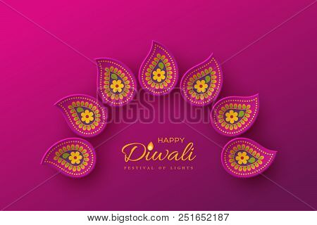 Diwali Festival Holiday Design With Paper Cut Style Of Indian Rangoli. Purple Color Background. Vect