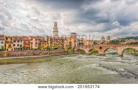 Ponte Pietra Stone Bridge Up On The Adige River In Verona, Italy. Historic, Famous.