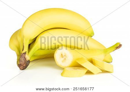 Group Of Lot Of Whole One Half Three Slices Of Fresh Yellow Banana Isolated On White Background