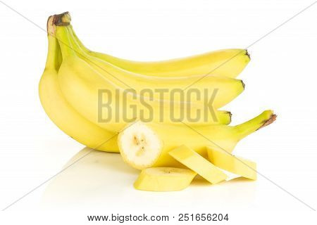 Group Of Lot Of Whole One Half Three Slices Of Fresh Yellow Banana Isolated On White Background