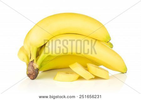 Group Of Six Whole Three Slices Of Fresh Yellow Banana One Cluster Isolated On White Background