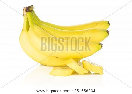 Group Of Six Whole Three Slices Of Fresh Yellow Banana Isolated On White Background