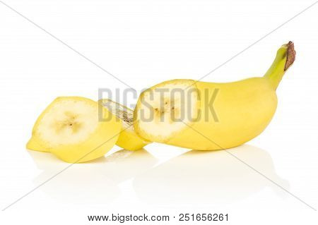 Group Of One Half Three Slices Of Fresh Yellow Banana Isolated On White Background