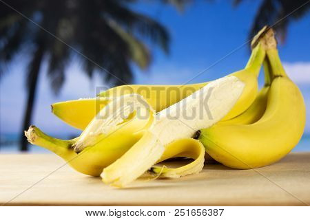 Lot Of Whole Fresh Yellow Banana One Cluster And One Open Banana Composition With Palm Trees On The 
