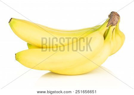 Group Of Five Whole Fresh Yellow Banana One Cluster Side View Isolated On White Background