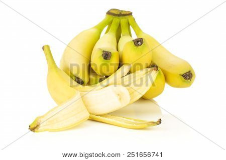 Lot Of Whole Fresh Yellow Banana One Cluster And One Opened Isolated On White Background