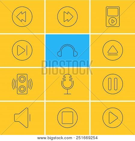 Illustration Of 12 Music Icons Line Style. Editable Set Of Loudspeaker, Next, Eject And Other Icon E