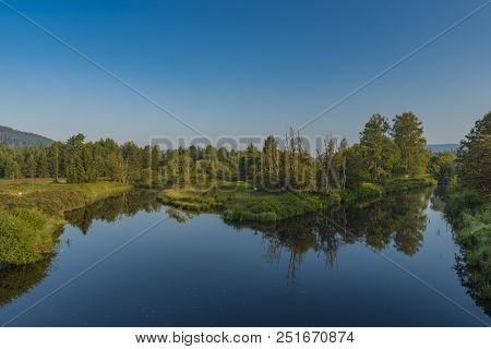 Tepla Vltava River In Summer Morning In National Park Sumava