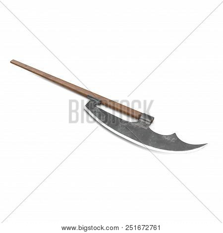 Bardiche Long Poleaxe Weapon On White. 3d Illustration