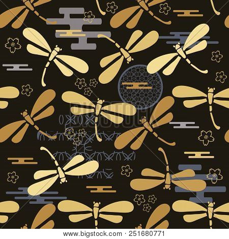 Beautiful Japanese Seamless  Pattern With Dragonfiles. Chinese, Japanese Elements.vector Unique Seam