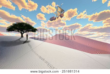 Surreal desert. Green tree on sand dune. Figure of man in a distance. Ancient ship in the cloudy sky. 3D rendering