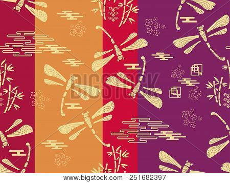 Beautiful Japanese Seamless  Pattern With Dragonfiles. Chinese, Japanese Elements.vector Unique Seam
