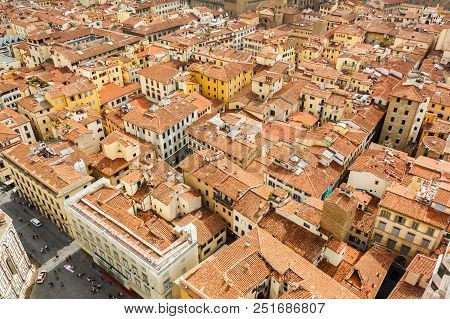 Cityscape From Height, Roofs Of Red Tiles And Narrow Streets Of Florence, Italy.