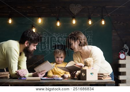 Knowledge Concept. Little Child Learn Reading Books, Knowledge. Knowledge Assimilate Better With Fam