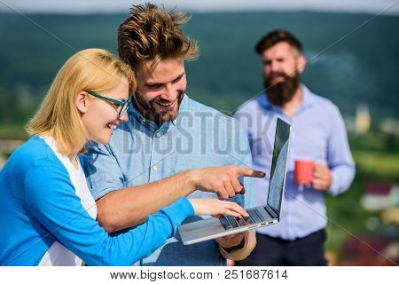Workaholics Concept. Colleagues With Laptop Work Outdoor Sunny Day, Nature Background. Couple Works 