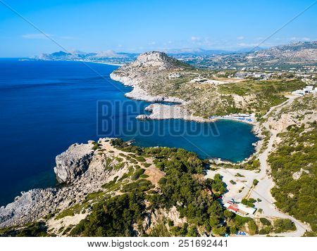 Ladiko Beach And Anthony Quinn Bay Aerial Panoramic View In Rhodes Island In Greece