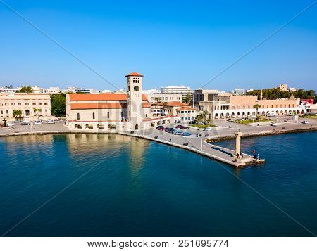 Colossus Of Rhodes And Evangelismos Church Or Ekklisia Evaggelismos Aerial Panoramic View In Rhodes 