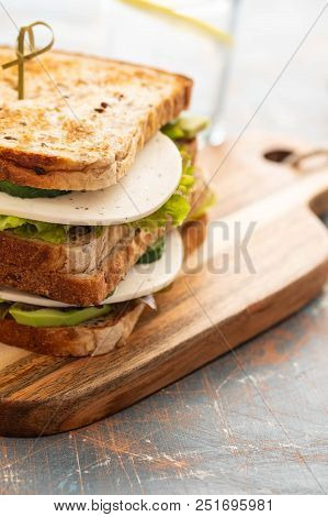 Healthy Homemade Vegetarian Veggie Sandwich With Lettuce, Avocado, Cheese.